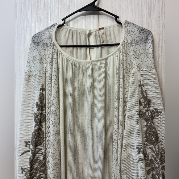 Free People Embroidered Cream Brown Dreams Tunic Blouse Small - Picture 6 of 11
